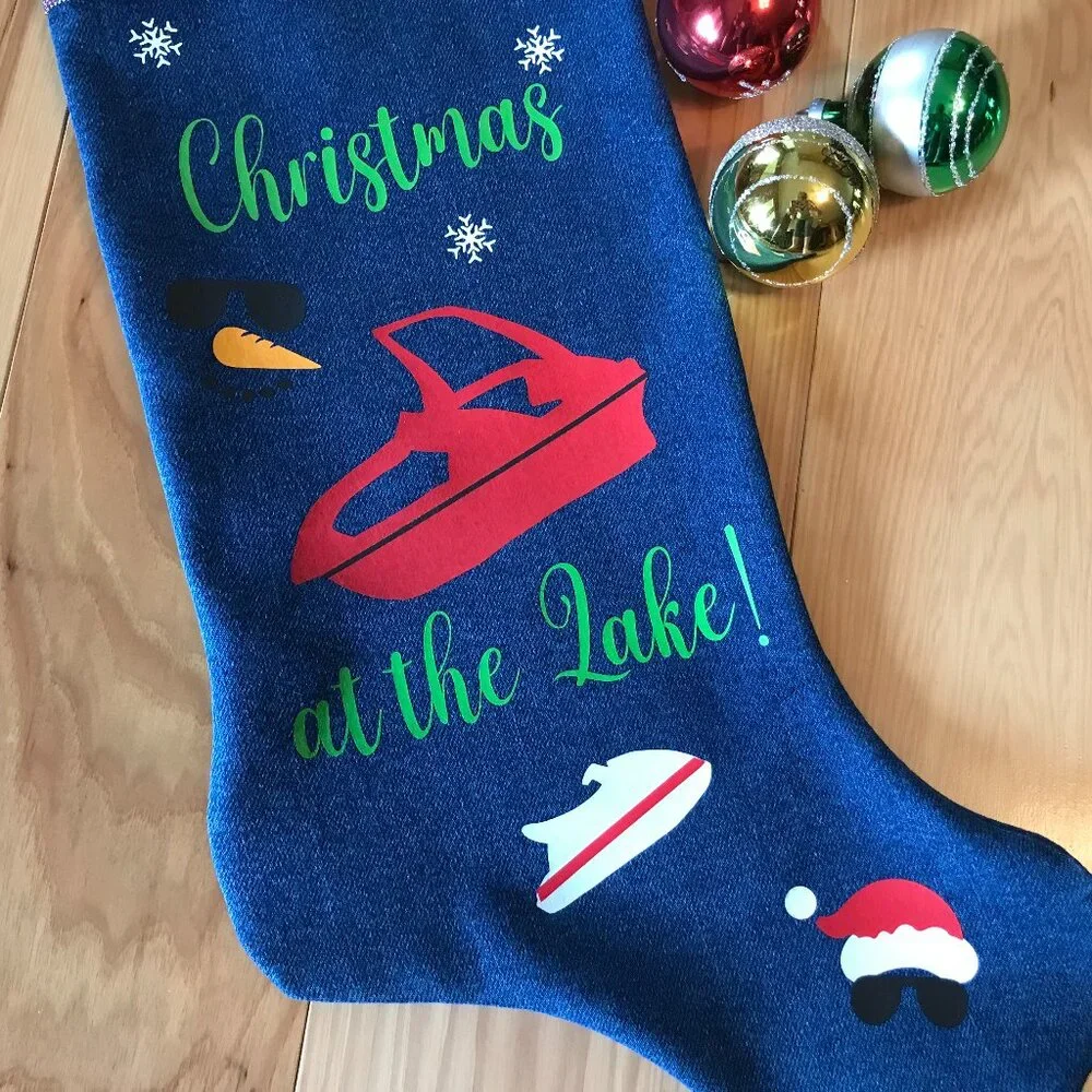 Denim Christmas Stocking Lake House Christmas Decor, Boating Fishing Applique